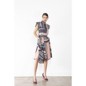 Katharine Kidd Ines Dress Size 4 Hi Low Midi Short Sleeve Pink Black EUC B36